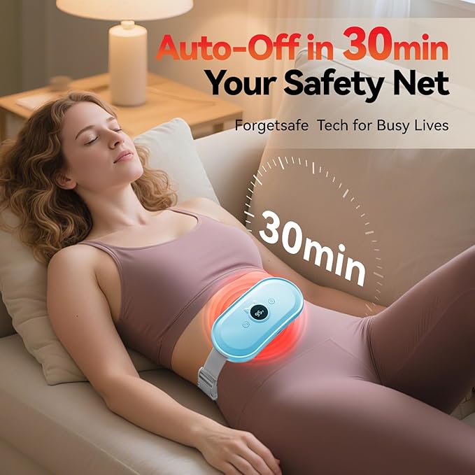 Portable Heating Pad for Period Cramps Relief Vibrating Menstrual Heating Belt for Women, Fast Heat with 7 Heat Levels and 7 Modes for Menstrual, Pain Relief for Back & Stomach-Blue