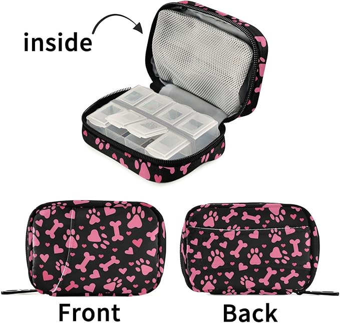 Fustylead Pink Dog Paw Prints Hearts and Bones Pill Organizer and Storage Weekly with Zipper, Removable Pill Box Portable Medicine Organizer for Vitamin Fish Oil Supplement