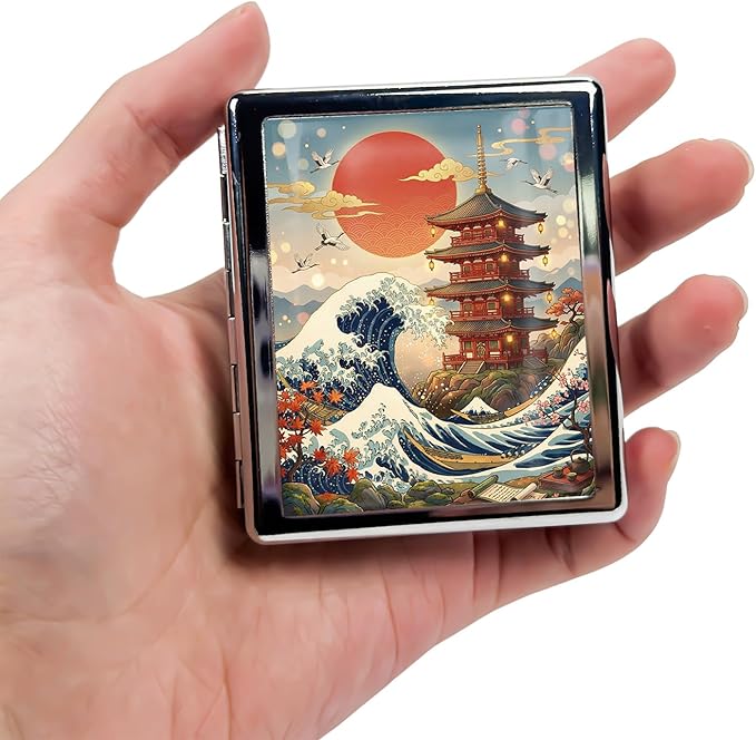 Metal 7 Day Pill Organizer, Weekly Pill Case 8 Compartments, Travel Pill Box for Purse & Pocket, Small Medicine & Vitamin Organizer, PP Dividers, Secure Clasp (Japanese Pagoda & Waves)