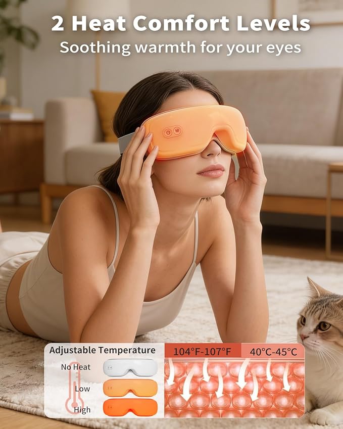 Pinailon Eye Massager with Heat,Rechargeable Heated Sleep Mask for Comfort and Relaxation Music,Soothes Tired Eyes,Fast Heating,180° Foldable, Eye Mask for Her Him