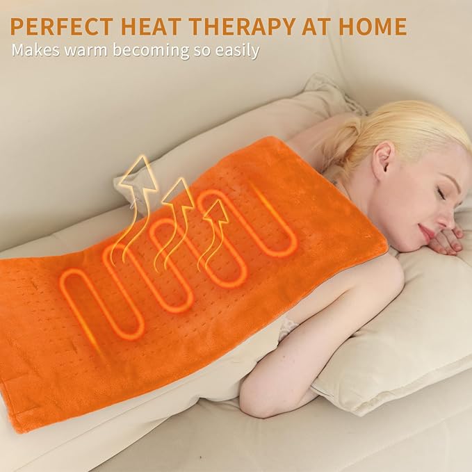 Massaging Weighted Heating Pad - Electric Heating Pad for Back Pain Relief with Massager, 3 Heat, 6 Massage, Auto Off, Extra Large Vibrating Heat Pad for Shoulder Neck (Pumpkin Yellow, 12"×24")