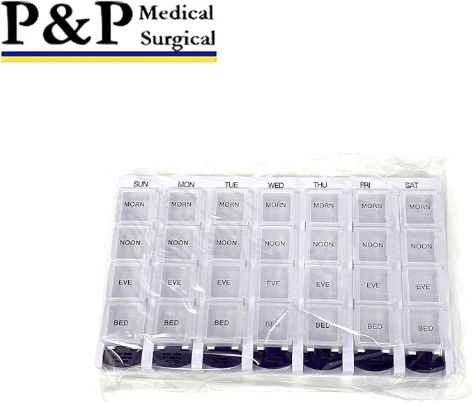 Weekly AM/PM Pill Box Portable Travel Prescription & Medication Pill Case Organizer (7-Day / 4-Times-A-Day) with Large Removable Compartments and Moisture-Proof Design Box of 1
