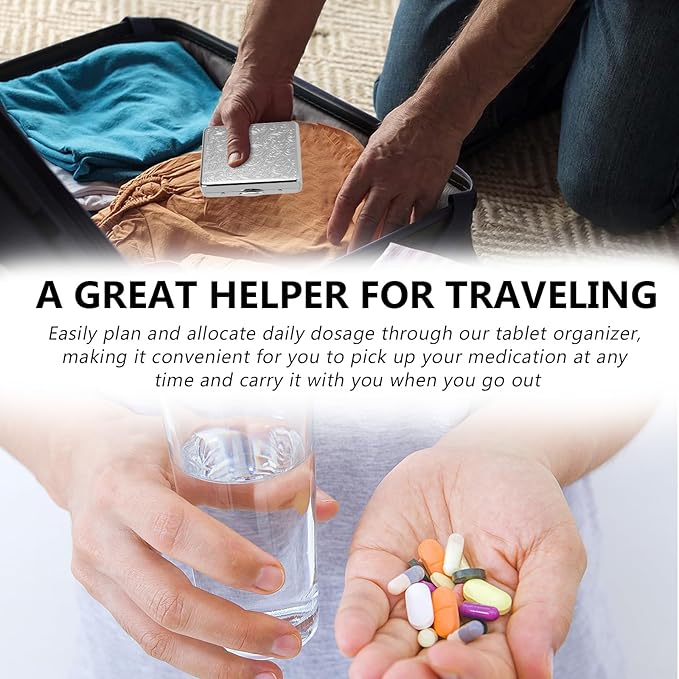 Pill Organizer 7 Days 8 Compartments, Travel Metal Pill Box, BPA-Free Portable Pill Box (Silver, Median)
