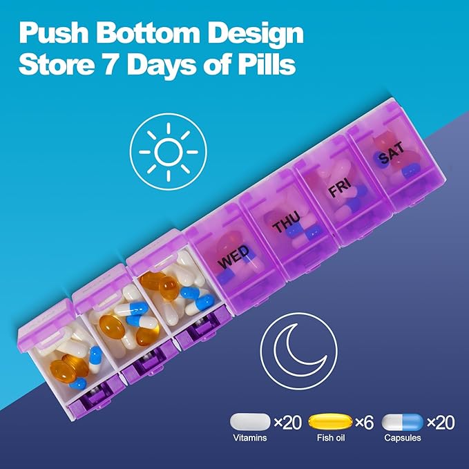 Push Button Weekly Pill Organizer, Medicine Pill Organizer with Label, Pill Box Case 7 Day BPA-Free, Pill Container for Vitamins, Fish Oil, Supplements Medication (Purple)
