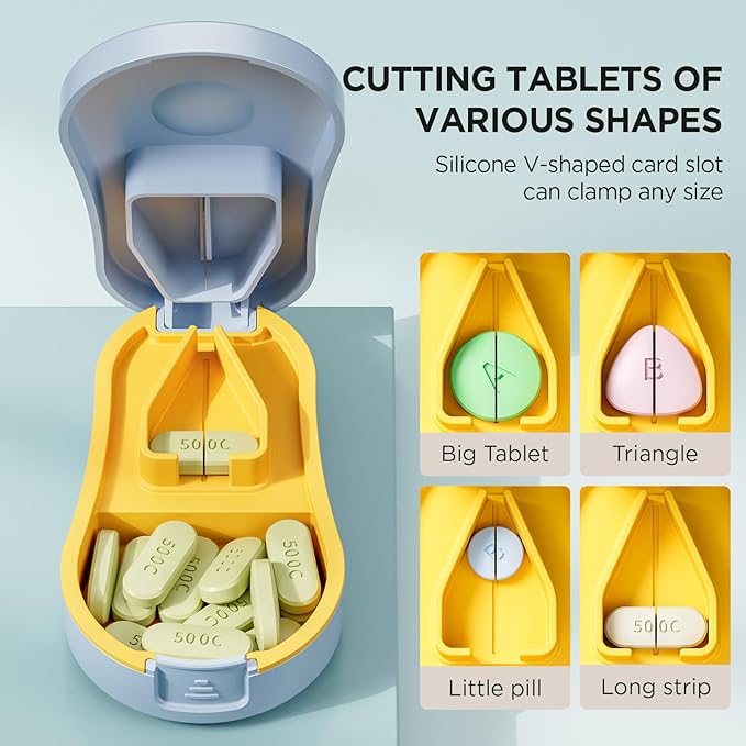 Pill Cutter for Small and Tiny Pills - Pill Splitter with Detachable Silicone Pad - Easy Open Snap Button. Wrap-Around Blade Guard Prevents Cuts. Back Storage (Blue)
