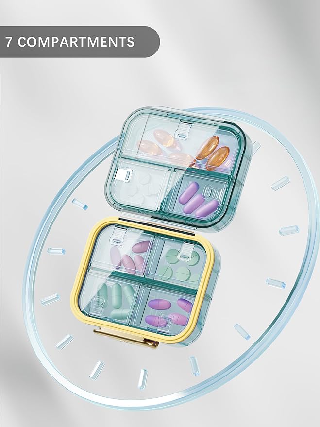 1 Pack Travel Pill Organizer, 7 Compartments Pill Box, Daily Portable Pill Case to Hold Vitamins, 3 Inches Pill Container for Pocket Purse Medicine Organizer