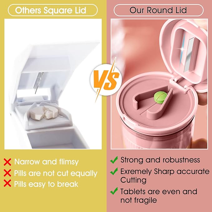 Pill Cutter Splitter with Dispenser, Pill Cutter for Small or Large Pills, Crushes Pills, Vitamins, Tablets, Stainless Steel Blade, Removable Drinking Cup (Pink-1)