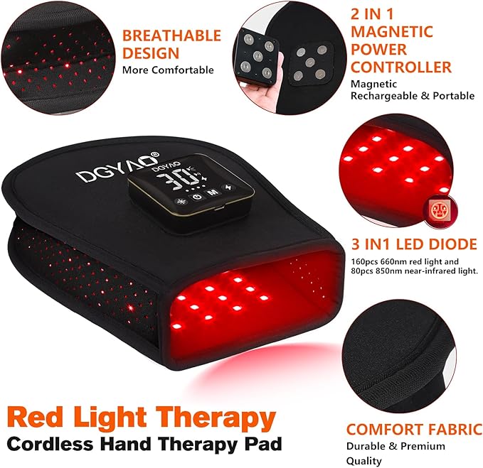 TUOB Red Light Therapy for Hand, Cordless Infrared Light Therapy Device with Power Bank, Led Light Therapy Double Side Pad Glove Deep Penetrate Joint Benefit for Hand Wrist Fingers Pain Relief