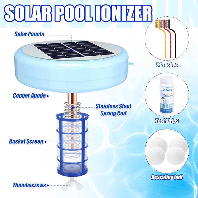 Qualirey Solar Pool Ionizer Automatic Floating Pool Cleaner, Water Ionizer with 4 Pcs Scum Collection Ball, for Above Ground and Inground Pools, up to 35, 000 Gallons (Blue,7.9 Inch)