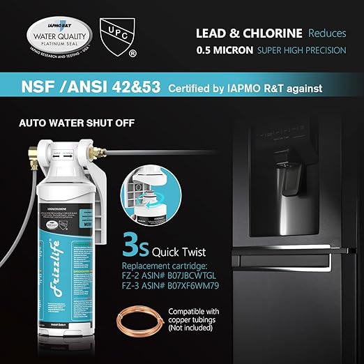 Frizzlife Inline Water Filter System for Fridge, Ice Maker, Under Sink, Certified 0.5 Micron Reduces Chlorine, Lead, Long Lasting, Compression Brass Fittings Fits for Copper Tubing, MS99