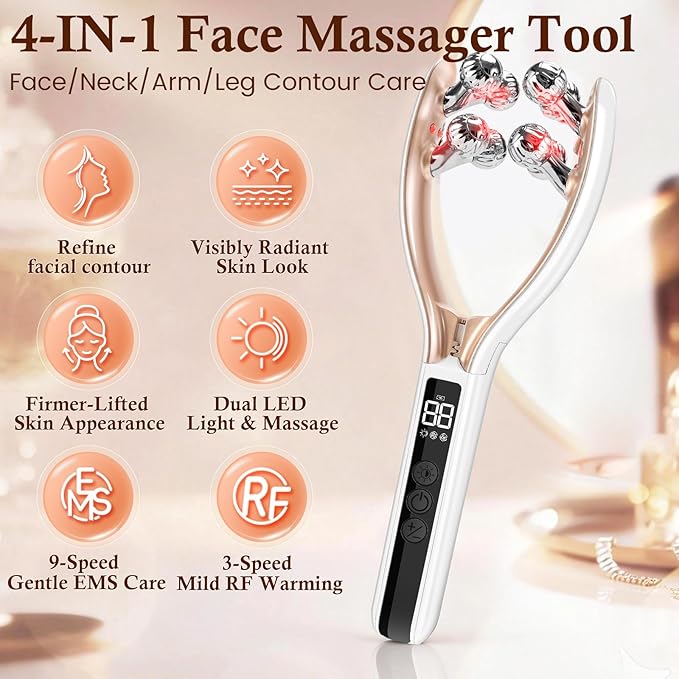 Face Massager Tool with Red Light, Facial Roller Skin Care Tool for Women, Rechargeable Face Roller for Facial Contour Massage, Beauty Device for Face, Neck, Arms & Legs, Portable for Home Use