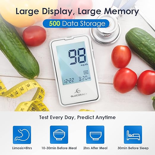 Glucoracy Blood Glucose Monitor Kit with 100 Blood Sugar Test Strips & Lancets, Glucometer, Lancing Device, Travel Case, Diabetic Home Testing Kit