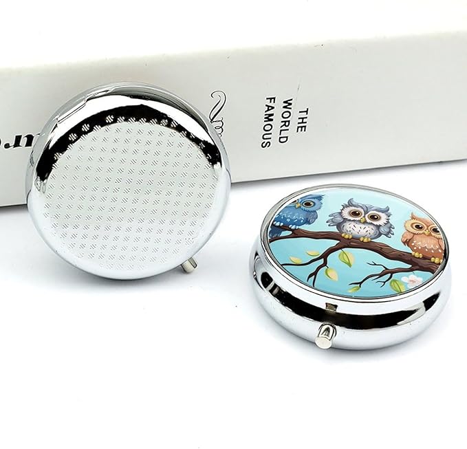 Owls on A Branch Pill Box Travel Pill Case for Purse Pocket Weekly Medicine Organizer with Mirror 3 Compartment Round Medicine Case Portable PillcaseHolder for Daily