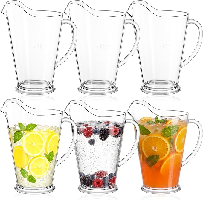 LemonRoad 6 Pcs 60oz Plastic Water Pitchers Clear Beer Pitchers for Party Restaurant, Reusable Indoor and Outdoor Water Serving Jugs for Juice Ice Tea Soda Pop Cold Drinks