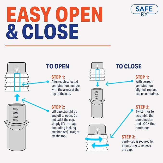 Safe Rx Locking Pill Bottle | Combination Lock | Prevent Pill Theft, Secure Medication or Small Valuable Items | Certified Child-Resistant, Senior-Friendly | 4.5″ x 1.5″ (1-Pack), Blue