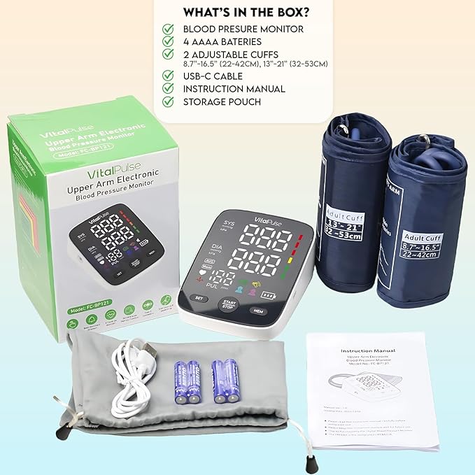 Upper Arm Blood Pressure Monitor, Digital BP Monitors for Home Use, Automatic Blood Pressure Cuff with Large LED Display and 2x120 Reading Memory, Two Adjustable Cuffs, 8.7” - 16.5” and 13” - 21”