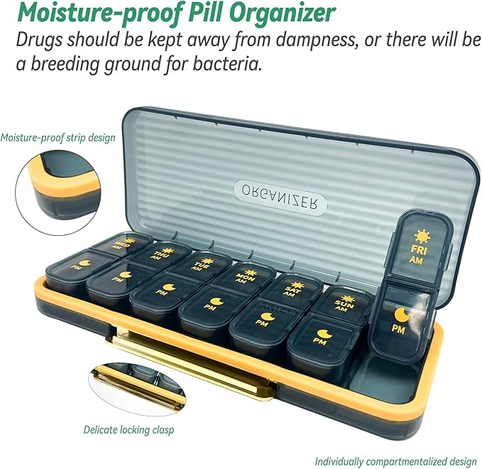 7-Day Pill case 2 Times a Day, Pill Organizer 2 Times a Day,Am Pm Daily Pill Case Travel Pill Organizer,Large Capacity Pill Organizer for Medicine Vitamin Fish,14 Cells 2 Times a Day Pill Organizer