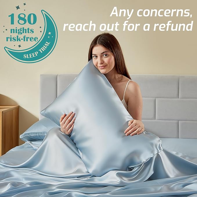 Silver Infused Bed Sheets - 20% Silk Ultra-Soft Temperature-Regulating Fabric with Self-Cleaning That Stays Fresh 3X Longer for Hygienic Sleep (Light Blue, Full)