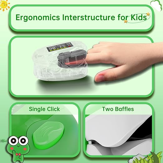 Pulse Oximeter for Kids, Adorable Animal Children Oxygen Monitor Fingertip with 20 × Memory, 4 Color OLED Display Blood Oxygen Saturation Monitor with Alarm, Batteries and Lanyard (Green)