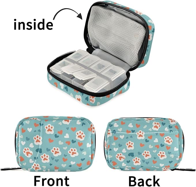 Fustylead Cute Cat Paw Prints and Hearts Pill Organizer and Storage Weekly with Zipper, Removable Pill Box Portable Medicine Organizer for Vitamin Fish Oil Supplement
