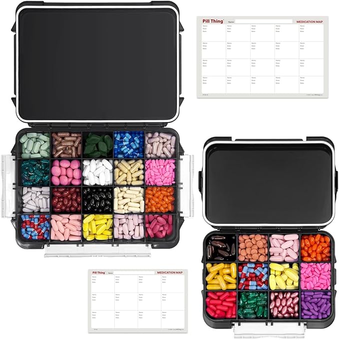 20 Compartment Large Pill Case with Airtight Seal - Silicone Gasket Waterproof Med Box with Medication Map (Black Combo Pack - 20 & 12)