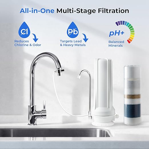 iSpring CT10-W Countertop Water Filter, Multi-Layer Faucet Water Filter System with Versatile Faucet Adapter, Reduces Heavy Metals, Bad Odor, and Chlorine, White