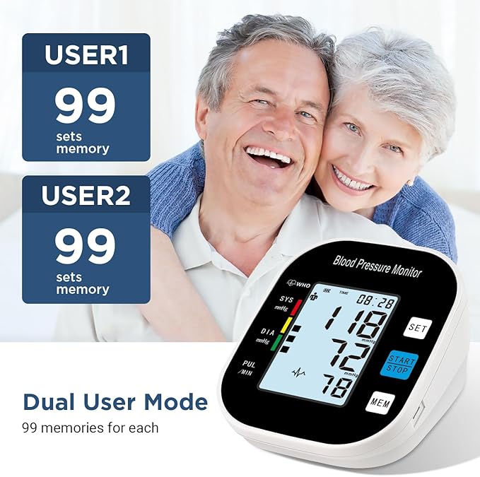 Blood Pressure Monitor for Home Use - Automatic BP Machine with Large Backlit Display High Accuracy for 2 Users Arm Cuff & Storage Bag (Black)