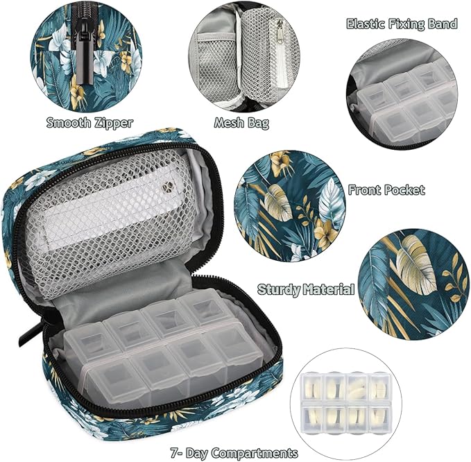 Tropical Floral Leaves Flower Travel Pill Organizer Box Weekly Portable Pill Case Daily Pills 7 Day Small Birth Control Pills Container Removable Compartments for Medicine Vitamins Fish Oil