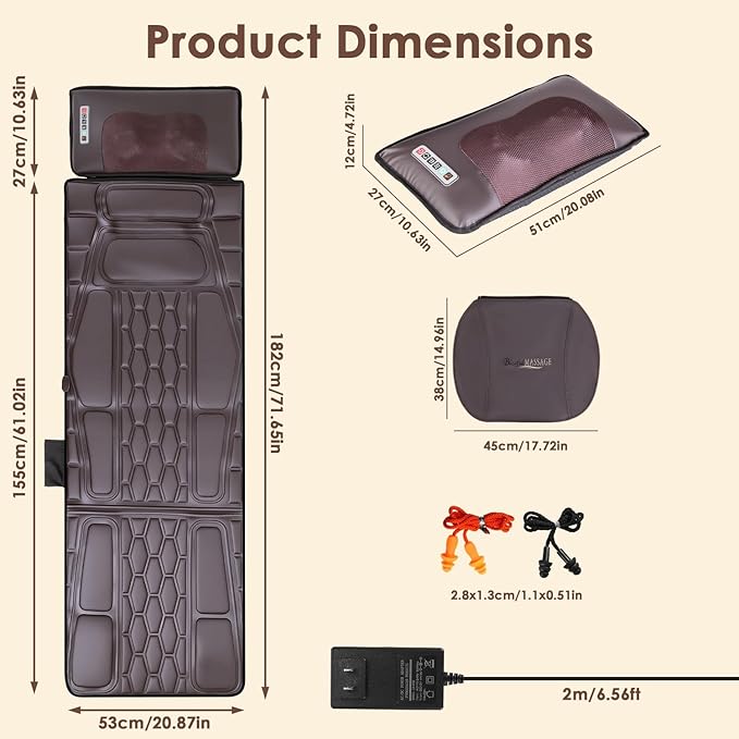 Full Body Electric Massage Mat with Heat, Vibration Back Massage Pad Cushion with Inflatable Head Pillow and Lumbar Pillow, 10 Vibration Motors 3 Timers (72x21 with Neck Massager(PU))