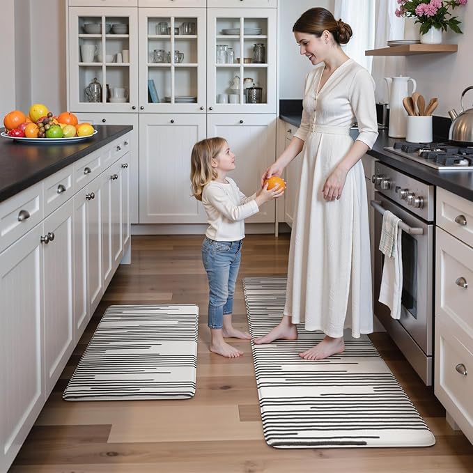 KIMODE Kitchen Mats Cushioned Anti Fatigue, Black Line Geometric Kitchen Rugs Sets of 2, Padded Kitchen Floor Mats Non Slip, Standing Desk Mats for Laundry Office Sink 20"x47"+20"x32"