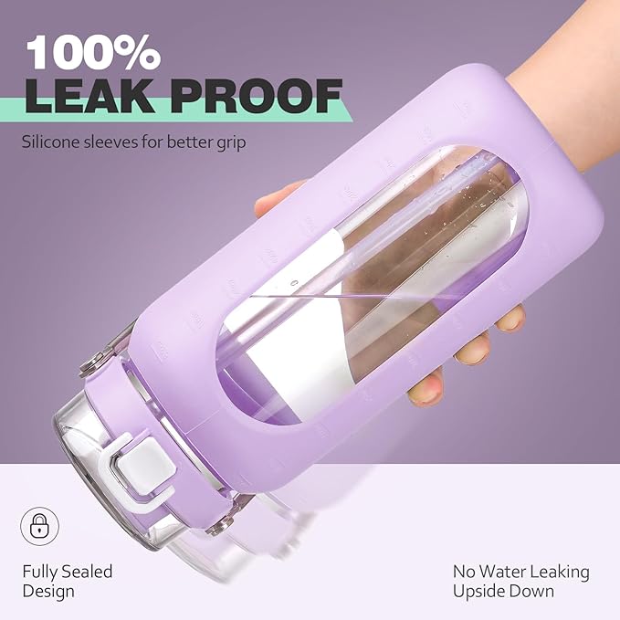 BLUEGO 64oz Water Bottle Glass with Stainless Steel Handle Large Water Bottle with Time Markers and Silicone Sleeve Half Gallon Water Jug BPA Free for Gym Daily Use, Purple