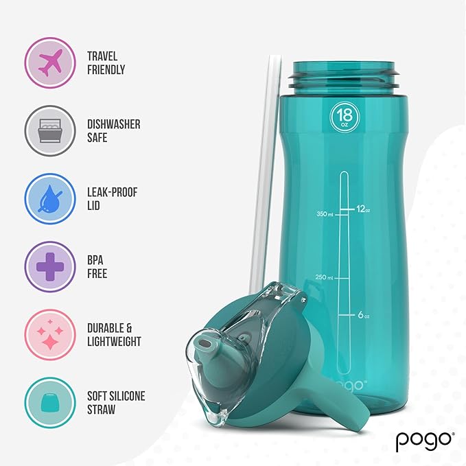 Pogo 18oz Plastic Water Bottle with Straw Lid with Carry Handle, Reusable, BPA Free, Dishwasher Safe, Perfect for Travel, School, Outdoors, and Gym