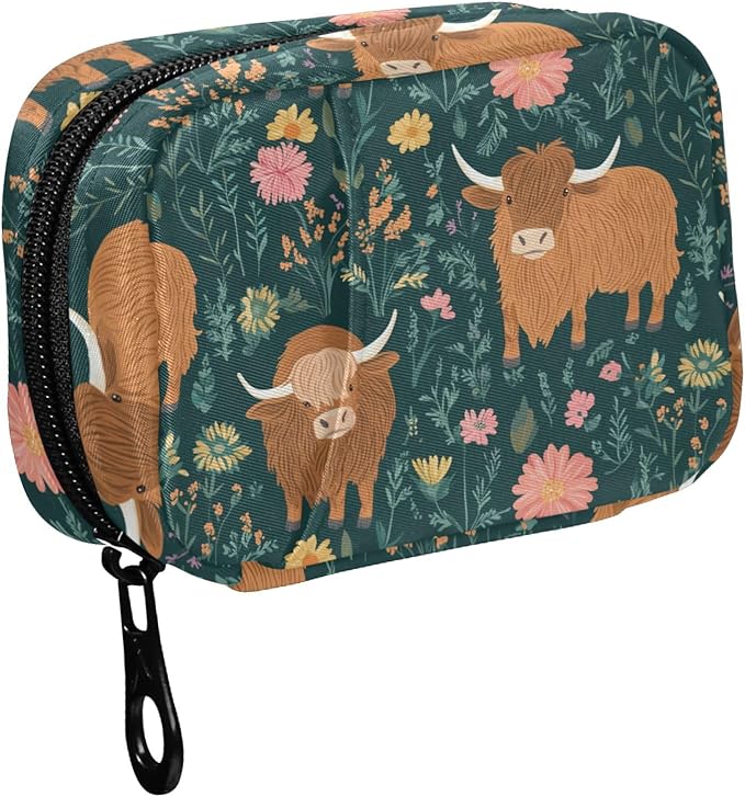 Fustylead Cute Shaggy Highland Cows on Meadow Pill Organizer Travel Bag, Small Portable Pill Case Cute for Vitamin Fish Oil Supplements Medicine Organizer with Zipper