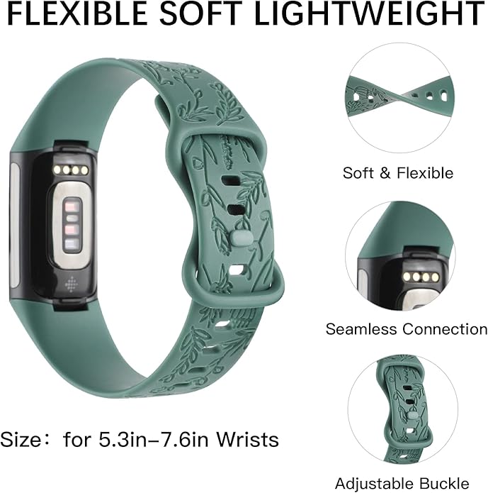 Flower Engraved Bands Compatible with Fitbit Charge 5 Band/Charge 6 Bands Women Cute Floral Engraving Soft Silicone Sport Strap Replacement Wristband for Fitbit Charge 5/6 Tracker Accessories