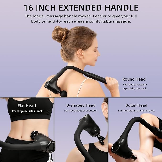 Extended Handle Massage Gun - 12mm Deep Tissue Percussion Massager for Back Pain Relief, Stepless Speed Control, Long Reach Back Massager with Anti-Slip Grip for Seniors & Athletes