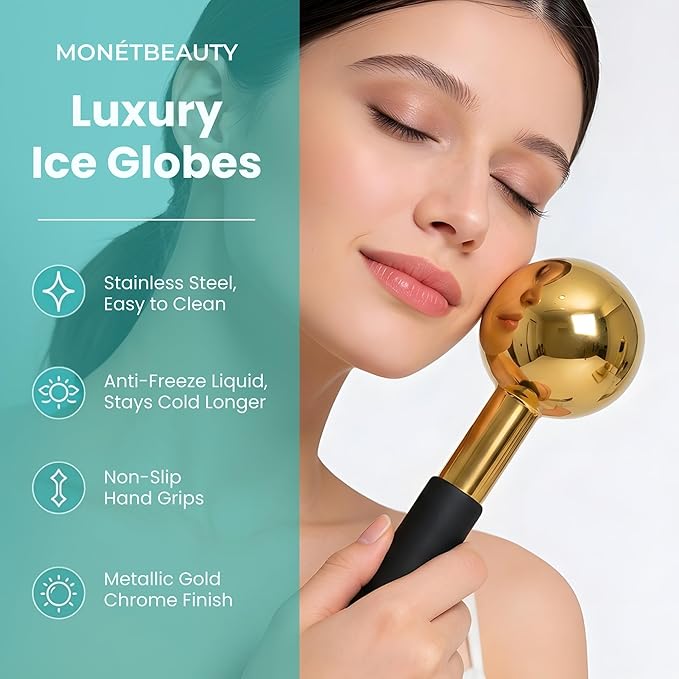 Stainless Steel Ice Globes for Facials (Gold Black Handle), Durable Cryo Globes Instantly Reduce Puffiness, Tighten Pores & Sinus Relief, Face Globes Facial Massages & Daily Beauty Routine