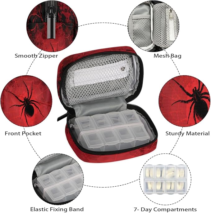 Red Spider Web Pill Case Everyday Travel, 7 Day Weekly Medicine Pill Box Compact Portable Pills Bottle Organizer with Zipper for Daily Vitamin Medicine Holder Bottle Organizers Bag