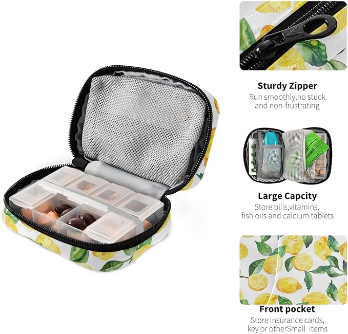 Yellow Lemons and Green Leaves Travel Pill Cases Bag, Weekly Pill Case Portable 7 Days Cute Pill Organizer with Zipper