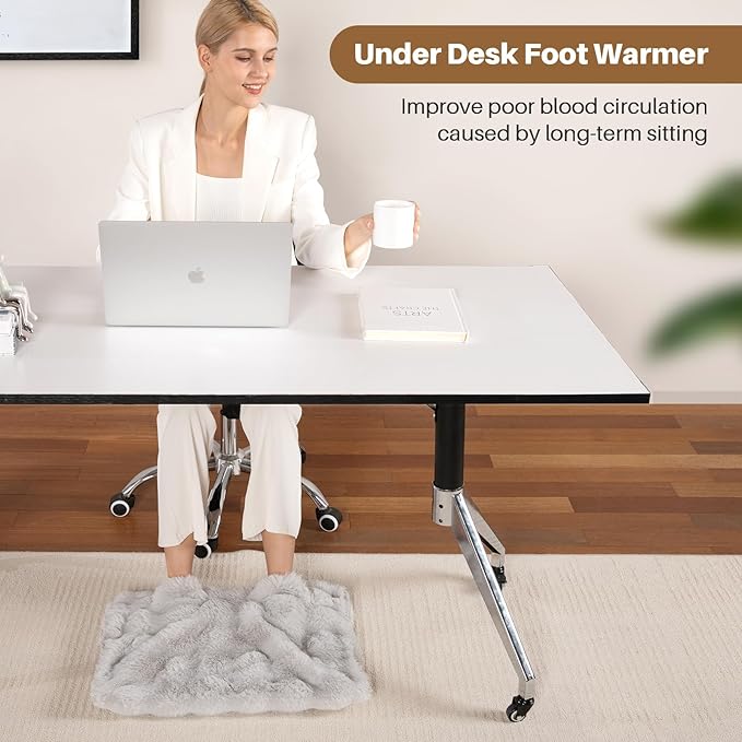 Electric Foot Warmer, Luxury Faux Fur Heating Pad for Feet Pain Relief Cramp, Heated Foot Warmer for Under Desk & Bed with 3 Heat Settings & 2H Auto-Off, ETL Certified, 16x22 Inch, Light Grey