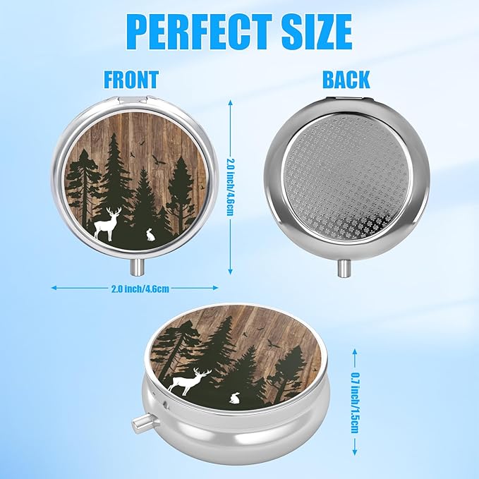 Deer Forest Pill Case, Wooden Grain Pill Box 3 Compartments Metal Small Pill Holder with Mirror Mini Travel Pill Container for Purse Pocket Women Men