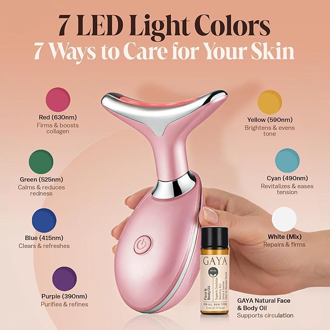 Red Light 7 in 1 LED Face and Neck Massager - Beauty Wand with Gentle Warmth & Vibration for a Relaxing Skincare Routine, Includes Face Oil & Type-C Charging