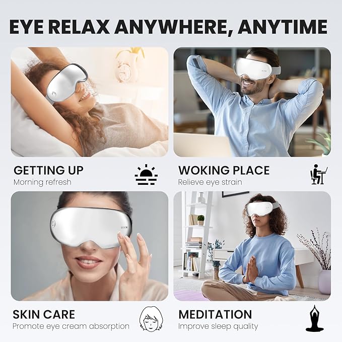 BOKOR Eye Massager with Heat & Wireless Music, Acupressure Massage for Migraines, Heated Eye Mask for Stress Relief, Sleep, and Dark Circles, for Teens, Gaming and Travel