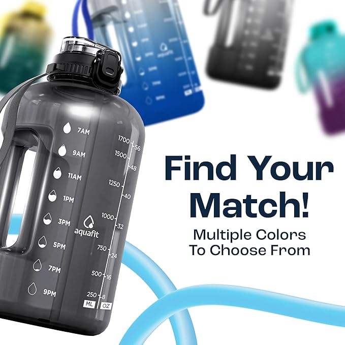 AQUAFIT Half Gallon Water Bottle with Time Marker - Straw & Chug Lid - BPA Free Gym Water Bottle with Straw - Big Gallon Jug (Frosty, 64 oz - 2in1 Lid)