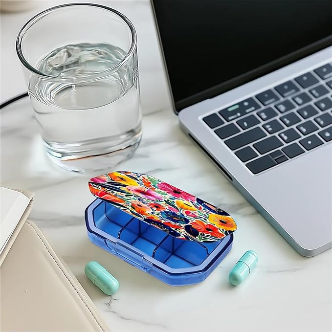 This Portable Bohemian Style Flower Pattern 6 Compartment Pill Box Can Be Placed in A Pocket Or Wallet to Store Vitamins, Medicines Health Supplements Other Medications.