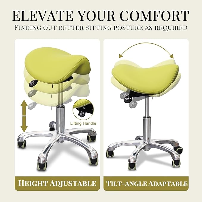 Saddle Stool Tilting Available Ergonomic Swivel Stool Chair with Hydraulic Lifting Height Adjustable Rolling Stool for Office Desk Clinic Dentist Spa (Olive Green)