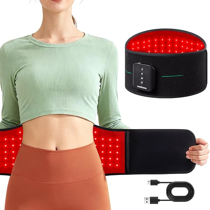 Medisana 3-in-1 Red Light Therapy Belt, Cordless & Portable Infrared Red Light Therapy for Body with Red Light/Pulse/Heat/Vibration - 660nm/850nm for Back Pain Relief (Regular)