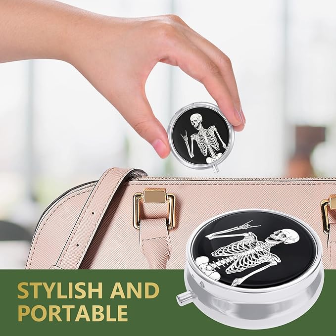 Nipichsha Pill Box, Small Pill Case for Purse & Pocket, Cute Travel Medicine Organizer, Portable Medicine Container Holder to Hold Vitamins, Medication, Fish Oil & Supplement, Human Skeleton