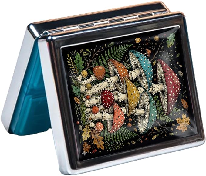 Metal 7 Day Pill Organizer, Weekly Pill Case with 8 Compartments, Travel Pill Box for Purse & Pocket, Small Medicine & Vitamin Organizer with PP Dividers (Mushroom Forest)