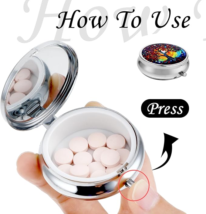 Sibba Portable Medicine Pill Case, Travel Multi-Functional Moisture Proof Pill Box for Purse & Pocket, Cute Metal Medicine Pill Organizer Box for Vitamins, Fish Oil & Supplements (Tree)
