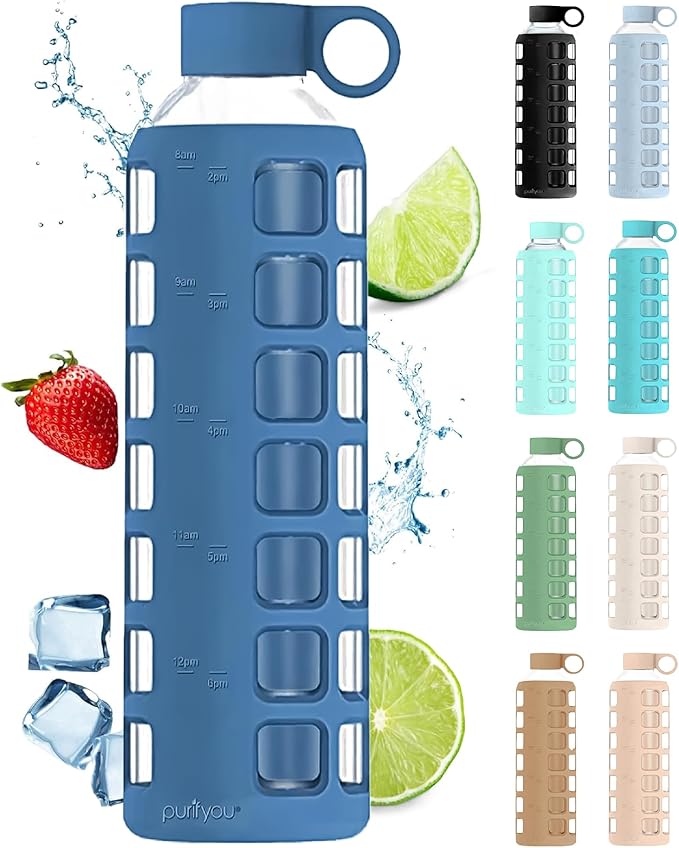 purifyou 40oz / 32oz / 22oz / 12oz Borosilicate Glass Water Bottle with Time & Volume Markers, Silicone Sleeve, Stainless Steel Lid – Reusable Glass Bottle for Water & Juice (32oz Chinese Porcelain)